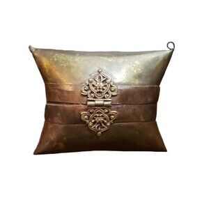 Vintage Pillow Purse Brass Copper Art Deco Handbag Clutch Blue Velvet Lining